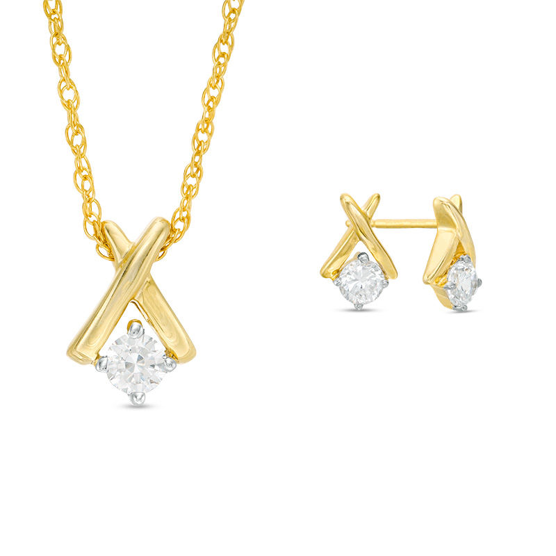 Main Image 1 of 0.45 CT. T.W. Diamond Solitaire &quot;X&quot; Pendant and Stud Earrings Set in 10K Gold