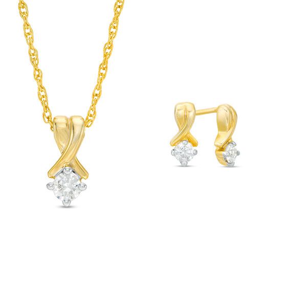 CT. T.W. Diamond Solitaire Crossover Pendant and Stud Earrings Set in 10K Gold