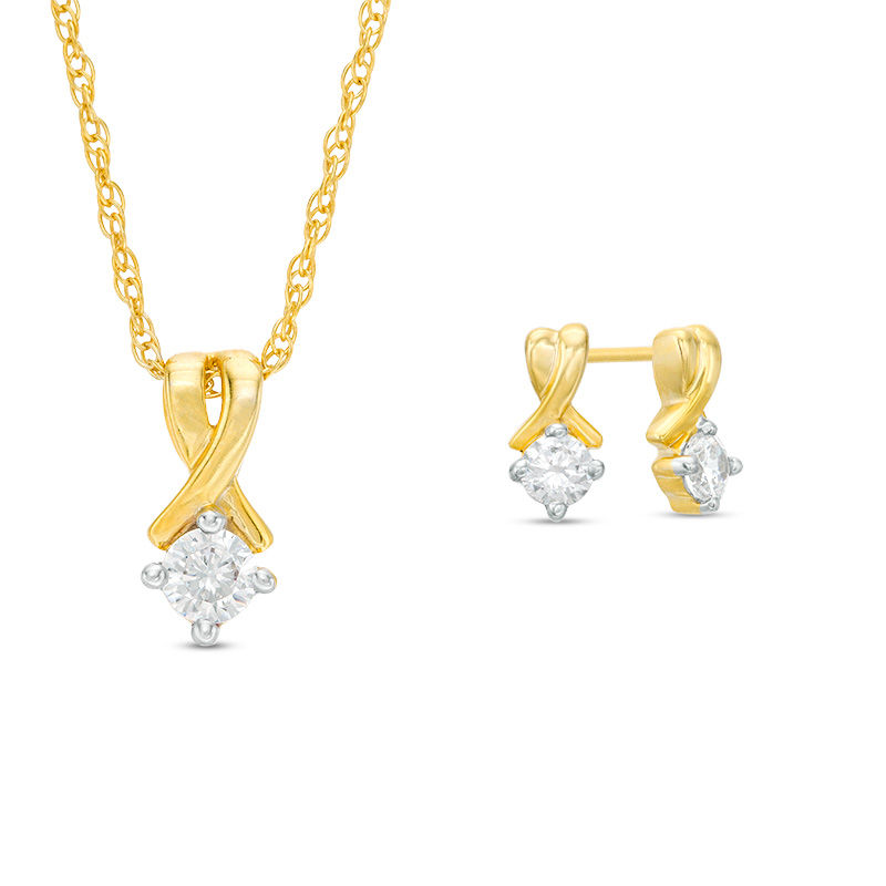 Main Image 1 of 0.45 CT. T.W. Diamond Solitaire Crossover Pendant and Stud Earrings Set in 10K Gold