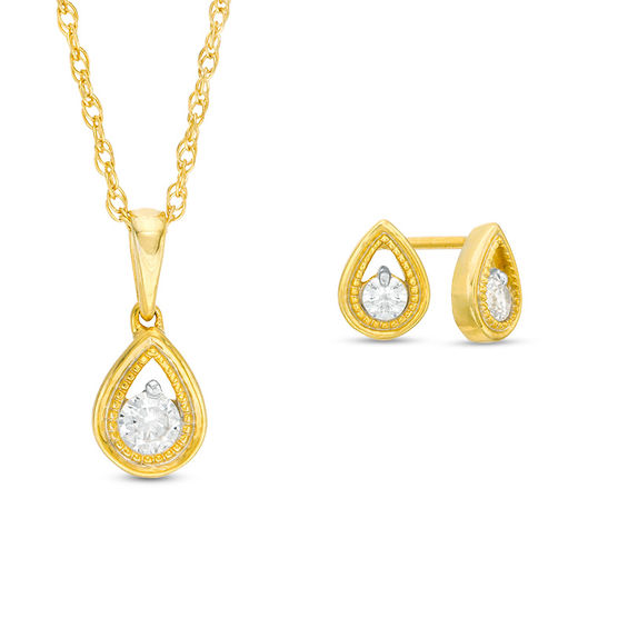 0.23 CT. T.W. Diamond Beaded Open Frame Solitaire Teardrop Pendant and Stud Earrings Set in 10K Gold