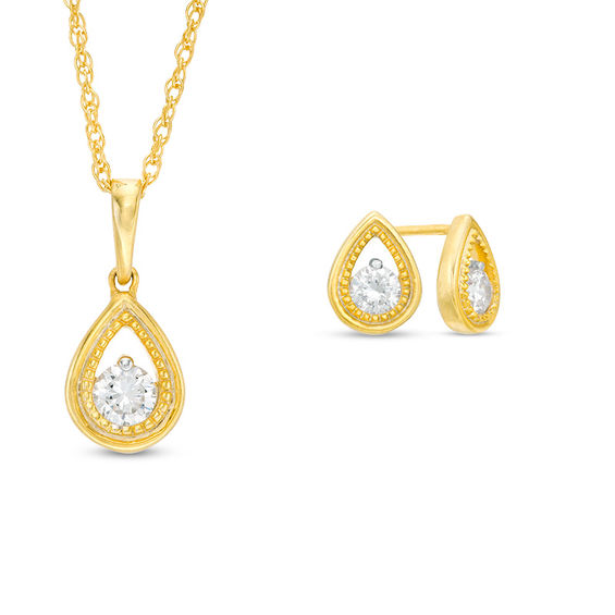 0.45 CT. T.W. Diamond Beaded Solitaire Teardrop Pendant and Stud Earrings Set in 10K Gold