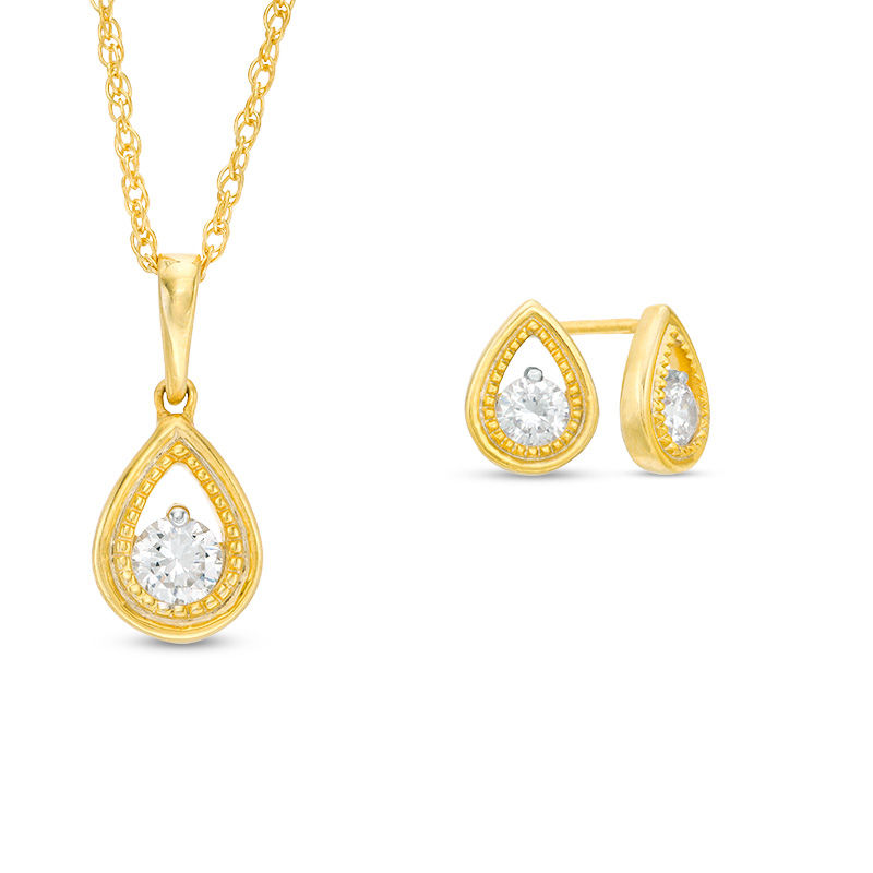 0.45 CT. T.W. Diamond Beaded Solitaire Teardrop Pendant and Stud Earrings Set in 10K Gold|Peoples Jewellers
