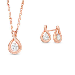 CT. T.W. Diamond Solitaire Teardrop Twist Pendant and Stud Earrings Set in 10K Rose Gold