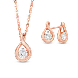 0.23 CT. T.W. Diamond Solitaire Teardrop Twist Pendant and Stud Earrings Set in 10K Rose Gold