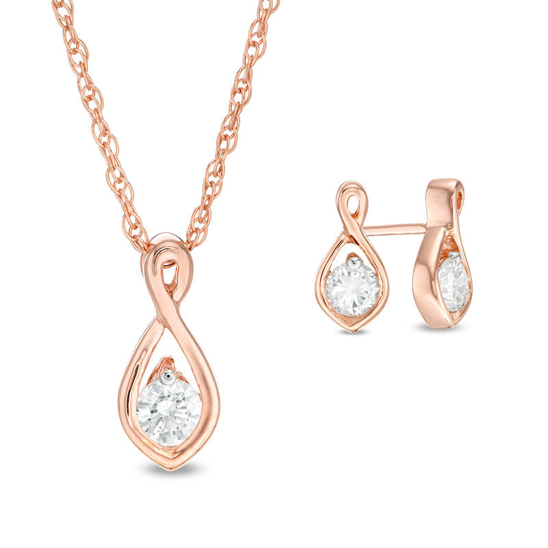 CT. T.W. Diamond Solitaire Flame Twist Pendant and Stud Earrings Set in 10K Rose Gold|Peoples Jewellers