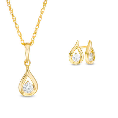 CT. T.W. Diamond Solitaire Teardrop Flame Pendant and Stud Earrings Set in 10K Gold