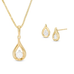 0.45 CT. T.W. Diamond Solitaire Teardrop Flame Pendant and Stud Earrings Set in 10K Gold