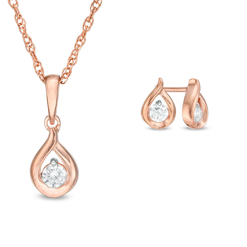 CT. T.W. Diamond Solitaire Teardrop Flame Pendant and Stud Earrings Set in 10K Rose Gold|Peoples Jewellers
