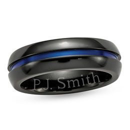 Edward Mirell Men's 7.0mm Engravable Anodized Blue Grooved Dome Wedding Band in Black Titanium (1 Line)