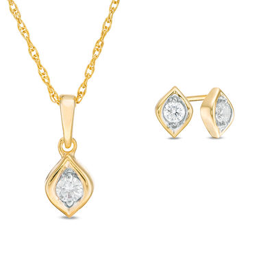 CT. T.W. Diamond Solitaire Flame Pendant and Stud Earrings Set in 10K Gold