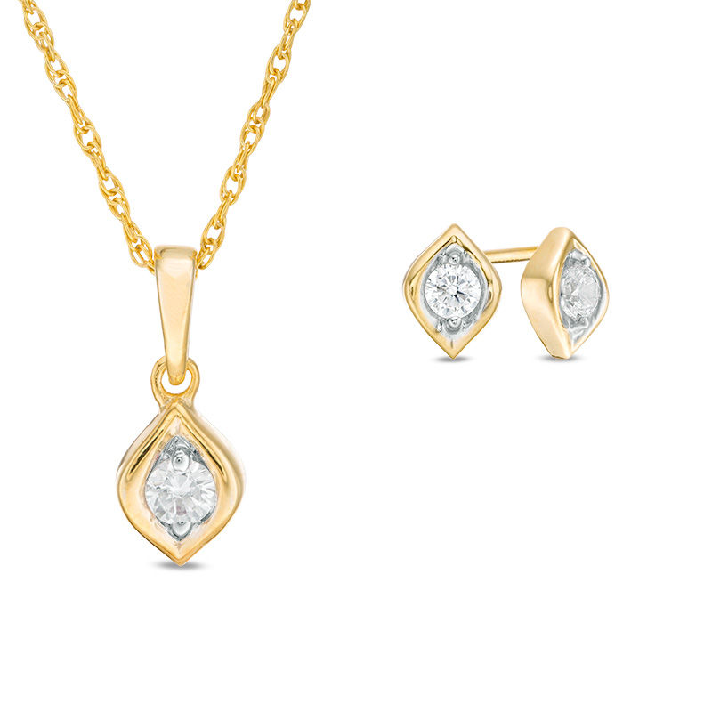 CT. T.W. Diamond Solitaire Flame Pendant and Stud Earrings Set in 10K Gold|Peoples Jewellers