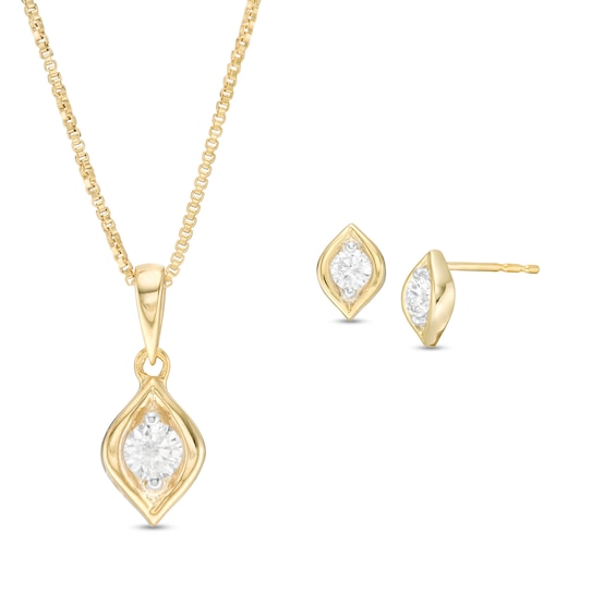 0.45 CT. T.W. Diamond Solitaire Flame Pendant and Stud Earrings Set in 10K Gold