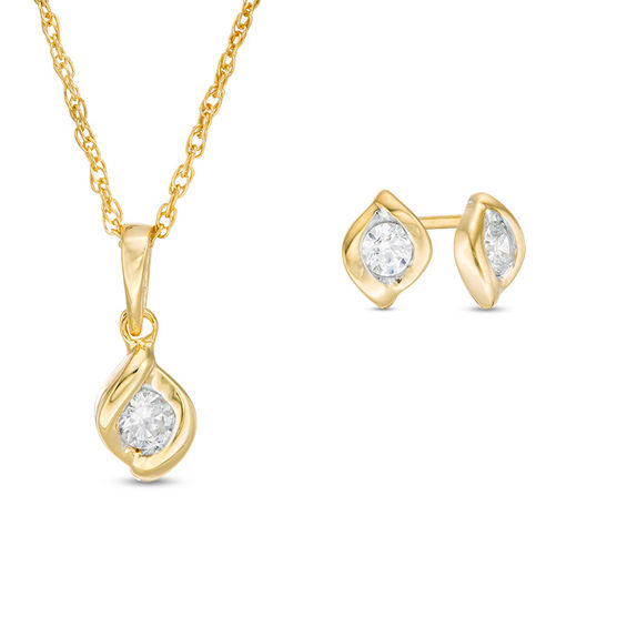 CT. T.W. Diamond Channel-Set Solitaire Twist Flame Pendant and Stud Earrings Set in 10K Gold