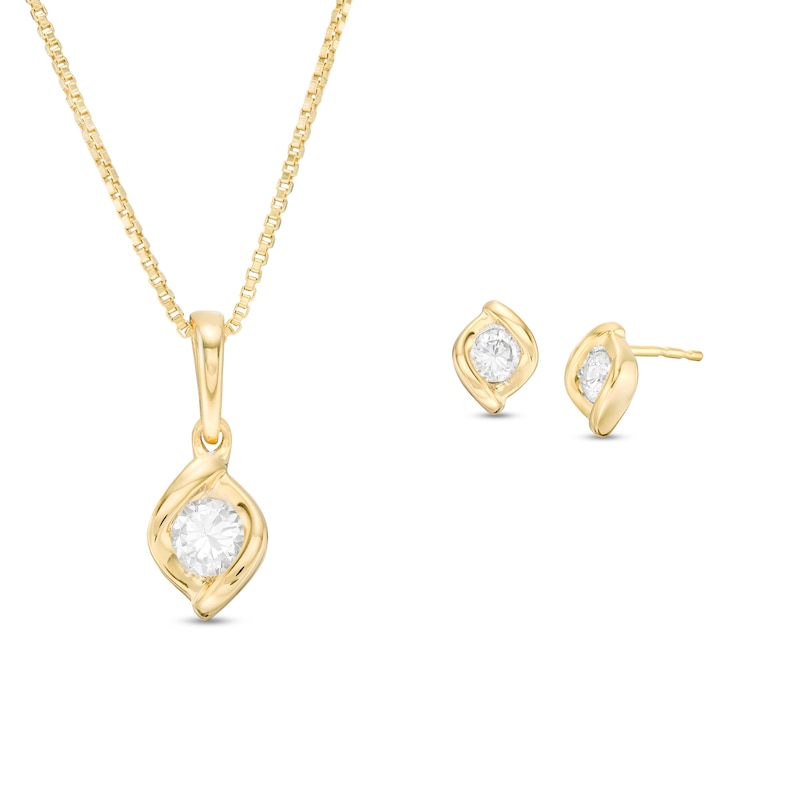 Main Image 1 of 0.45 CT. T.W. Diamond Channel-Set Solitaire Twist Flame Pendant and Stud Earrings Set in 10K Gold