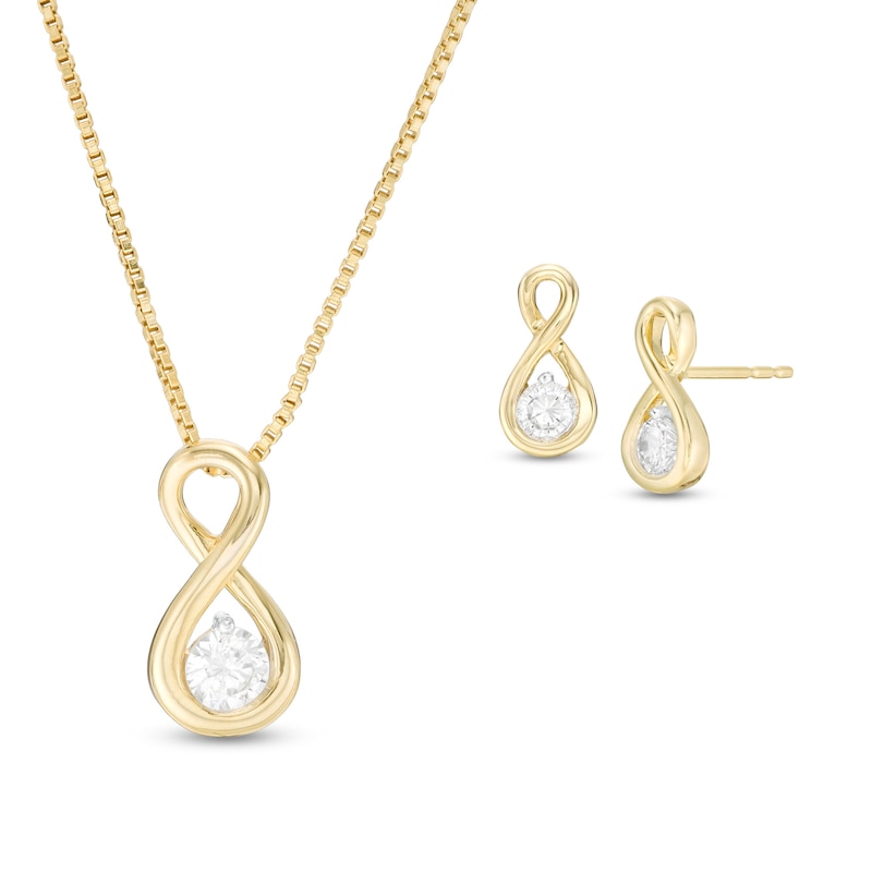 Main Image 1 of 0.45 CT. T.W. Diamond Solitaire Infinity Pendant and Stud Earrings Set in 10K Gold