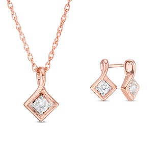 CT. T.W. Diamond Solitaire Tilted Square Twist Pendant and Stud Earrings Set in 10K Rose Gold