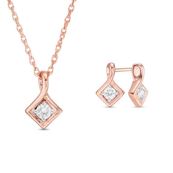 CT. T.W. Diamond Solitaire Tilted Square Twist Pendant and Stud Earrings Set in 10K Rose Gold