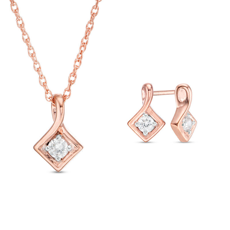 CT. T.W. Diamond Solitaire Tilted Square Twist Pendant and Stud Earrings Set in 10K Rose Gold|Peoples Jewellers