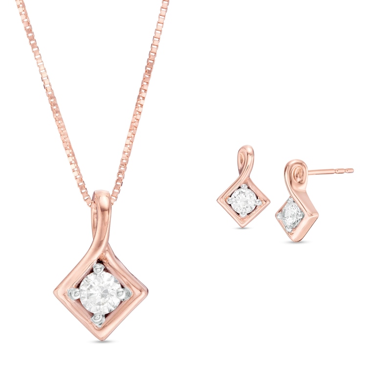 Main Image 1 of 0.45 CT. T.W. Diamond Solitaire Tilted Square Twist Pendant and Stud Earrings Set in 10K Rose Gold