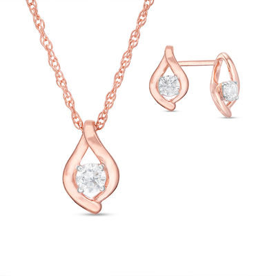 CT. T.W. Diamond Solitaire Flame Pendant and Stud Earrings Set in 10K Rose Gold