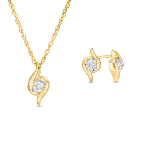 CT. T.W. Diamond Channel-Set Solitaire Bypass Flame Pendant and Stud Earrings Set in 10K Gold