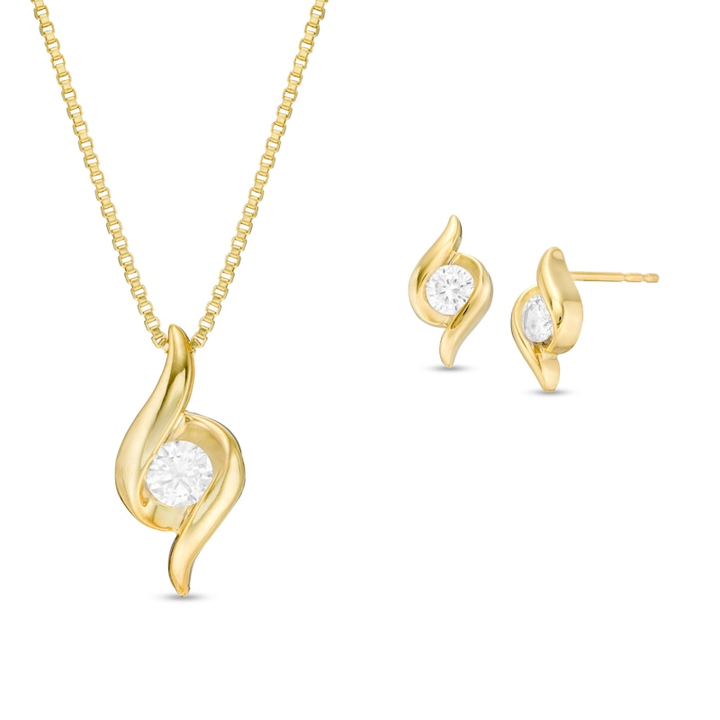 Main Image 1 of 0.45 CT. T.W. Diamond Channel-Set Solitaire Bypass Flame Pendant and Stud Earrings Set in 10K Gold