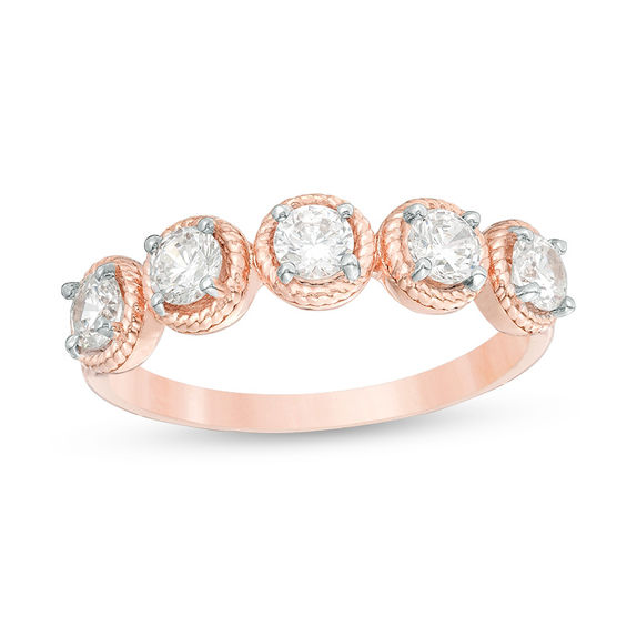 0.69 CT. T.W. Diamond Frame Five Stone Rope-Edged Stackable Band in 10K Rose Gold