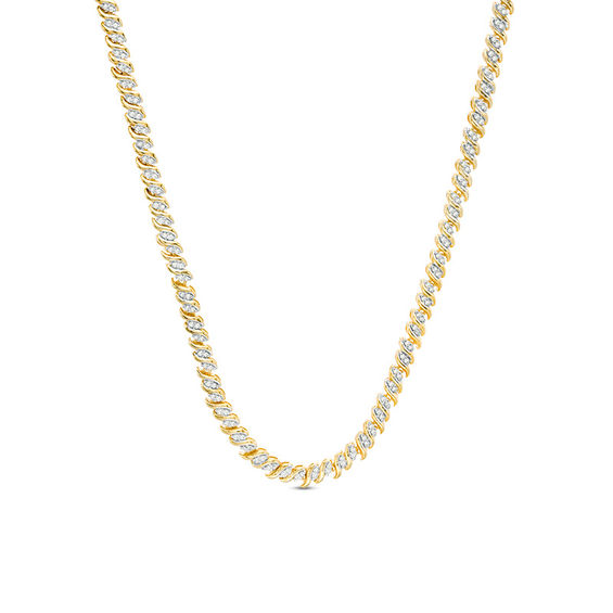 1.00 CT. T.W. Diamond Two-Stone "S" Curve Tennis Necklace in Sterling Silver with Yellow Rhodium - 17"