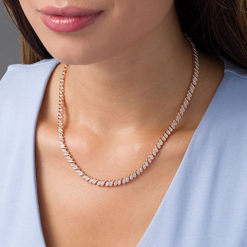 1.98 CT. T.W. Diamond Two-Stone "S" Curve Tennis Necklace in Sterling Silver with Rose Rhodium - 17"