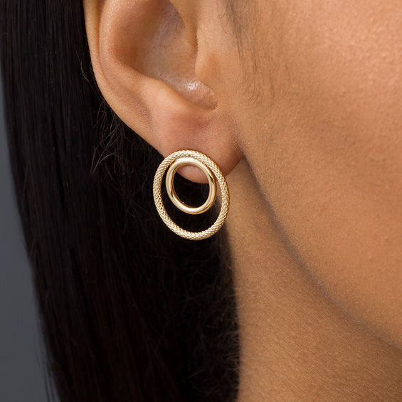 Diamond-Cut Double Circle Drop Earrings in 14K Gold