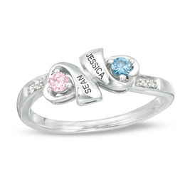 Couple's Birthstone and Diamond Accent Ribbon Hearts Ring (2 Stones and Names)