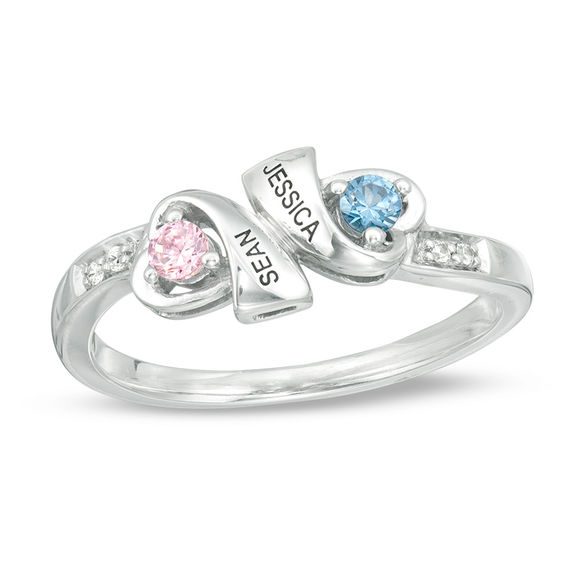 Couple's Birthstone and Diamond Accent Ribbon Hearts Ring (2