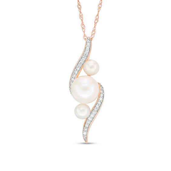 Freshwater Cultured Pearl and 0.13 CT. T.W. Diamond Three Stone Bypass Pendant in 10K Rose Gold-17"