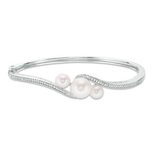 Freshwater Cultured Pearl and Lab-Created White Sapphire Three Stone Bypass Bangle in Sterling Silver