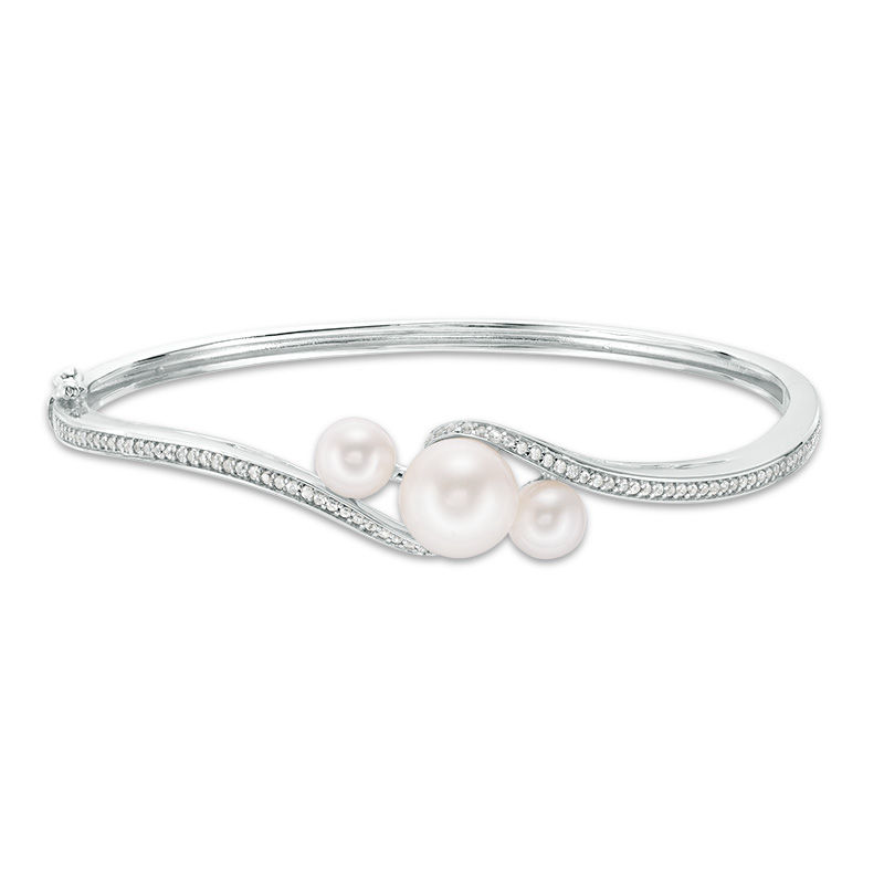 Freshwater Cultured Pearl and Lab-Created White Sapphire Three Stone Bypass Bangle in Sterling Silver|Peoples Jewellers