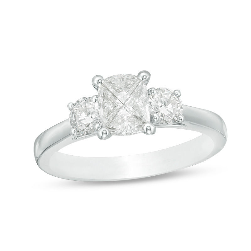 1.00 CT. T.W. Multi-Diamond Cushion Three Stone Engagement Ring in 14K White Gold