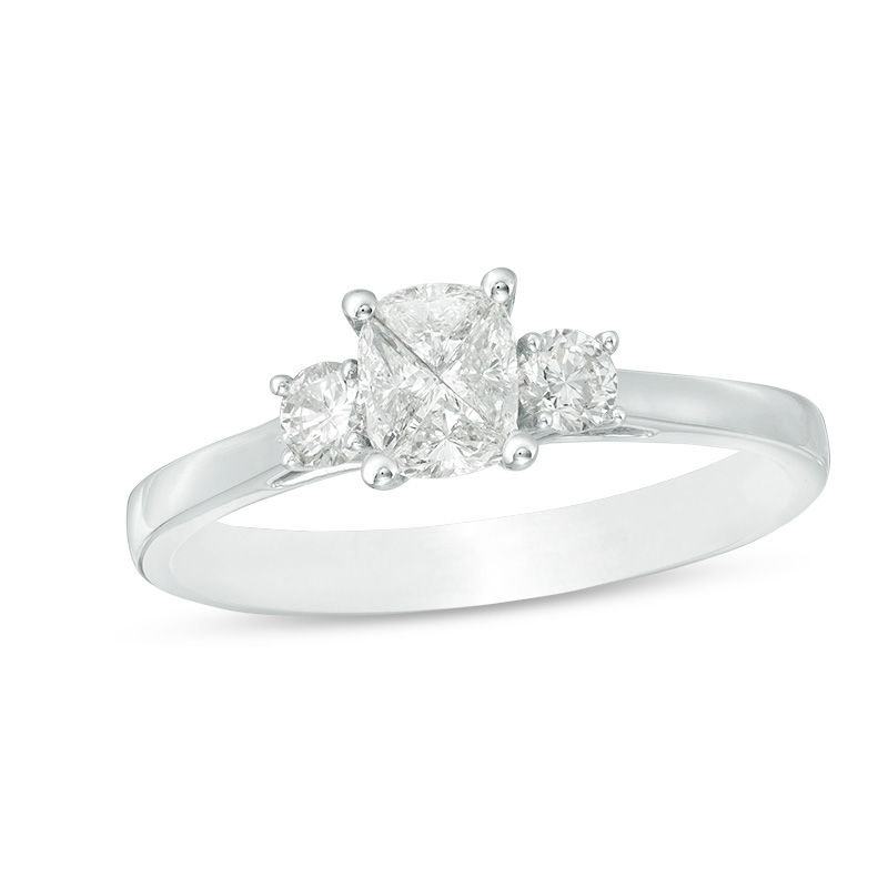 0.50 CT. T.W. Composite Diamond Cushion Three Stone Engagement Ring in 14K White Gold|Peoples Jewellers