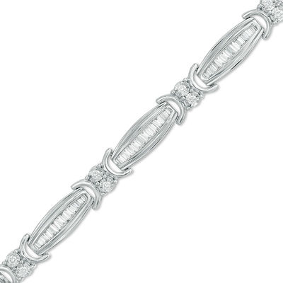 2.00 CT. T.W. Baguette and Round Diamond Link Bracelet in 10K White Gold - 7.5"