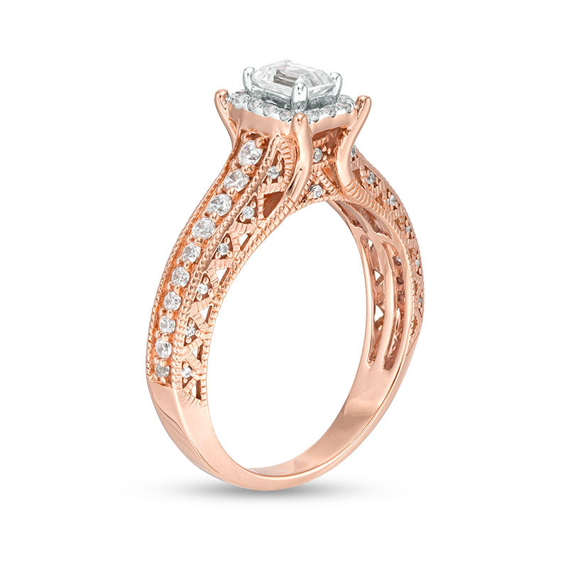 0.75 CT. T.W. Certified Canadian Emerald-Cut Diamond Frame Vintage-Style Engagement Ring in 14K Rose Gold (I/SI2)|Peoples Jewellers