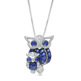 Lab-Created Blue and White Sapphire Beaded Motherly Love Owl Pendant in Sterling Silver