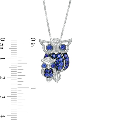 Lab-Created Blue and White Sapphire Beaded Motherly Love Owl Pendant in Sterling Silver