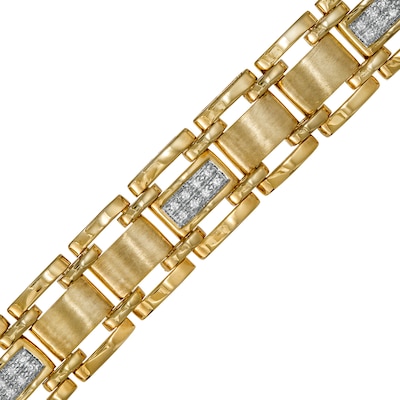 Men's 0.25 CT. T.W. Diamond Multi-Finish Triple Row Brick Pattern Link Bracelet in 10K Gold - 8.5"