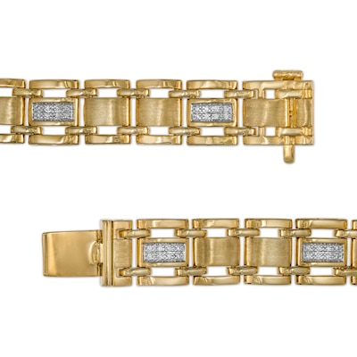 Men's 0.25 CT. T.W. Diamond Multi-Finish Triple Row Brick Pattern Link Bracelet in 10K Gold - 8.5"