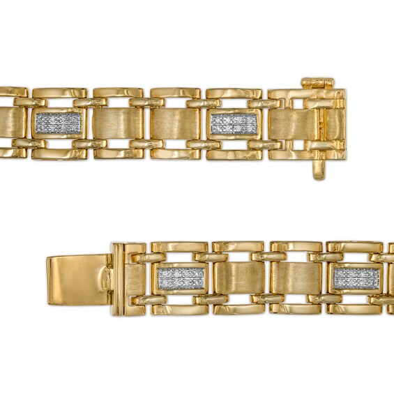 Men's 0.25 CT. T.W. Diamond Multi-Finish Triple Row Brick Pattern Link Bracelet in 10K Gold - 8.5"