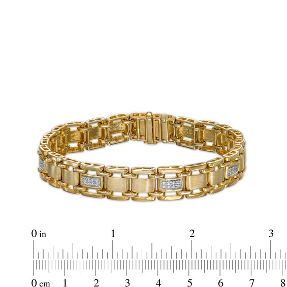 Men's 0.25 CT. T.W. Diamond Multi-Finish Triple Row Brick Pattern Link Bracelet in 10K Gold - 8.5"