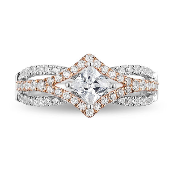 Enchanted Disney Aurora 1.00 CT. T.W. Princess-Cut Diamond Tilted Bypass Frame Engagement Ring in 14K Two-Tone Gold