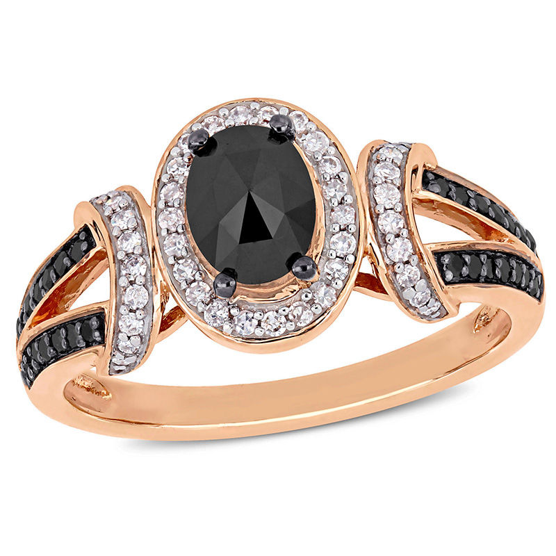 0.95 CT. T.W. Oval Enhanced Black and White Diamond Frame Collar Engagement Ring in 10K Rose Gold|Peoples Jewellers