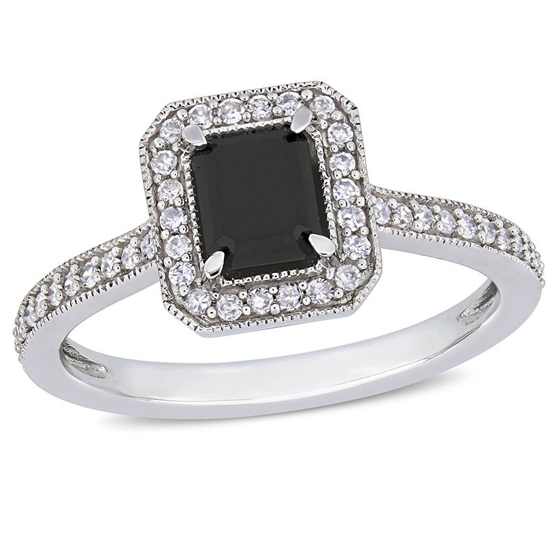 1.23 CT. T.W. Emerald-Cut Enhanced Black and White Diamond Frame Vintage-Style Engagement Ring in 10K White Gold
