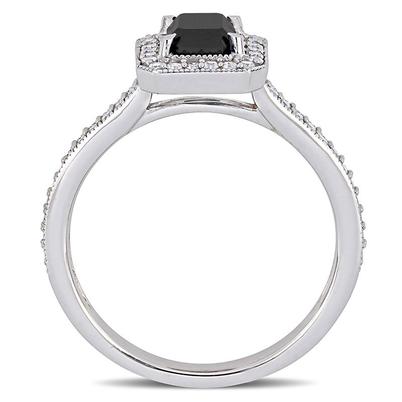 1.23 CT. T.W. Emerald-Cut Enhanced Black and White Diamond Frame Vintage-Style Engagement Ring in 10K White Gold