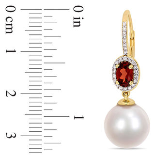 11.0-12.0mm Freshwater Cultured Pearl, Oval Garnet and 0.22 CT. T.W. Diamond Frame Drop Earrings in 10K Gold